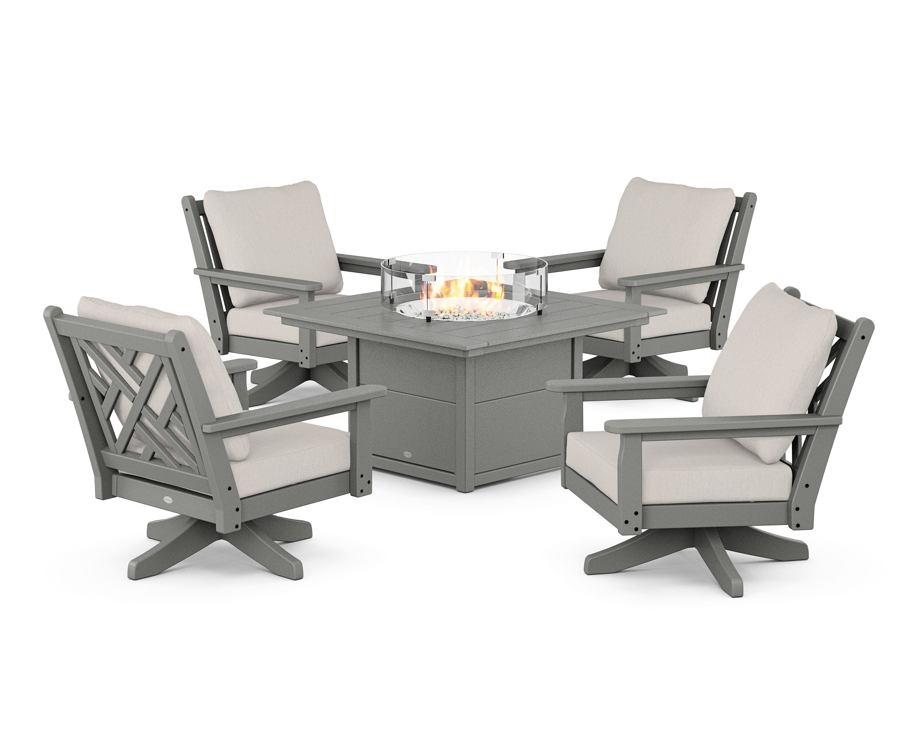 POLYWOOD® Chippendale 5-Piece Deep Seating Swivel Conversation Set with Fire Pit Table in Slate Grey / Cast Ash