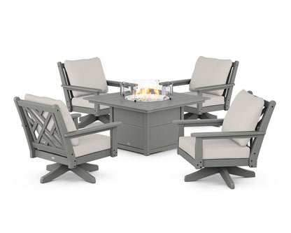 POLYWOOD® Chippendale 5-Piece Deep Seating Swivel Conversation Set with Fire Pit Table in Slate Grey / Cast Ash