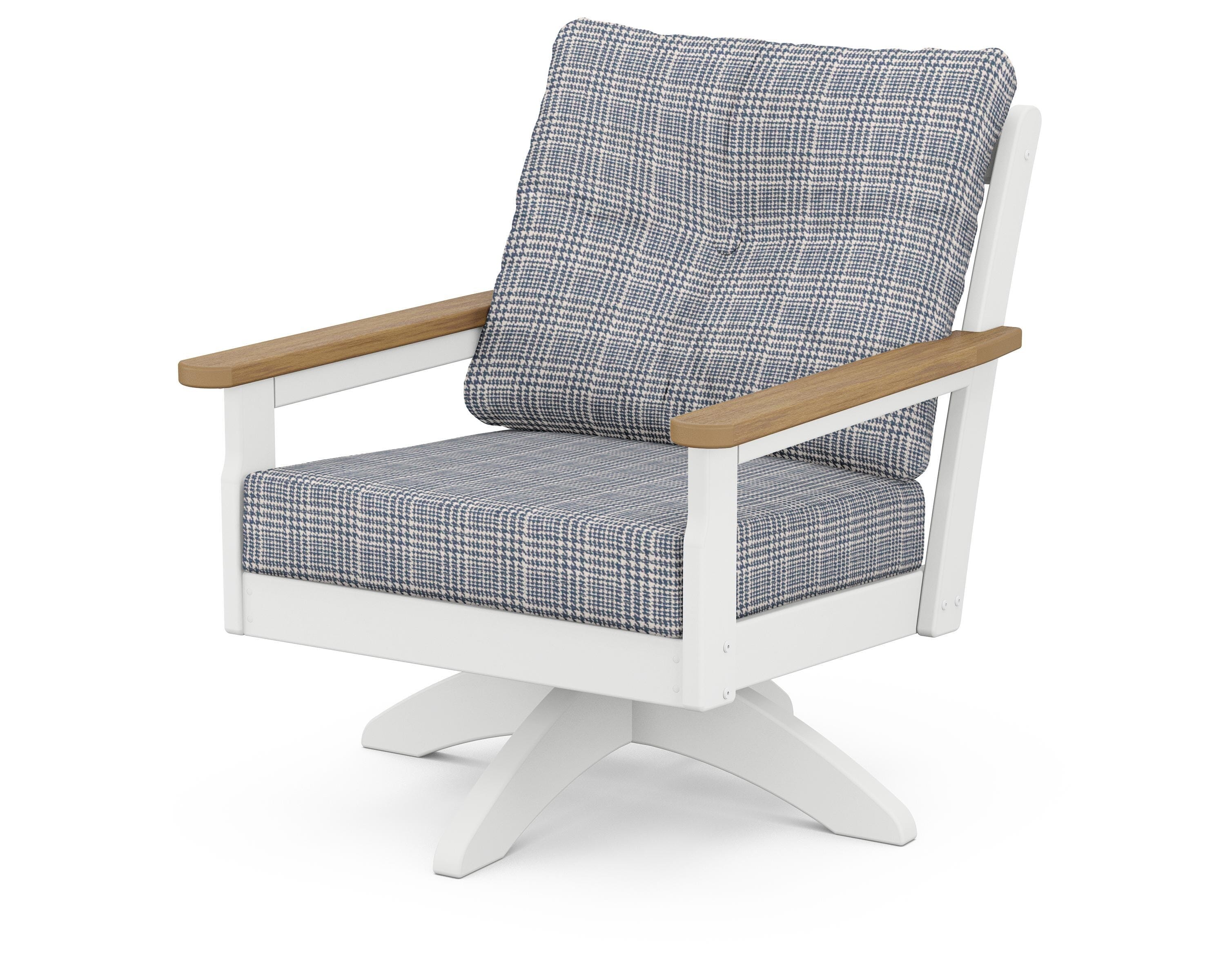 POLYWOOD® Vineyard Deep Seating Swivel Chair in White / Natural / Houndstooth Sky Blue