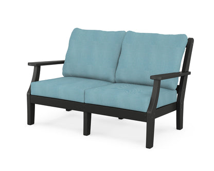 Martha Stewart by POLYWOOD® Chinoiserie Deep Seating Loveseat in Black / Lattice Sky Blue