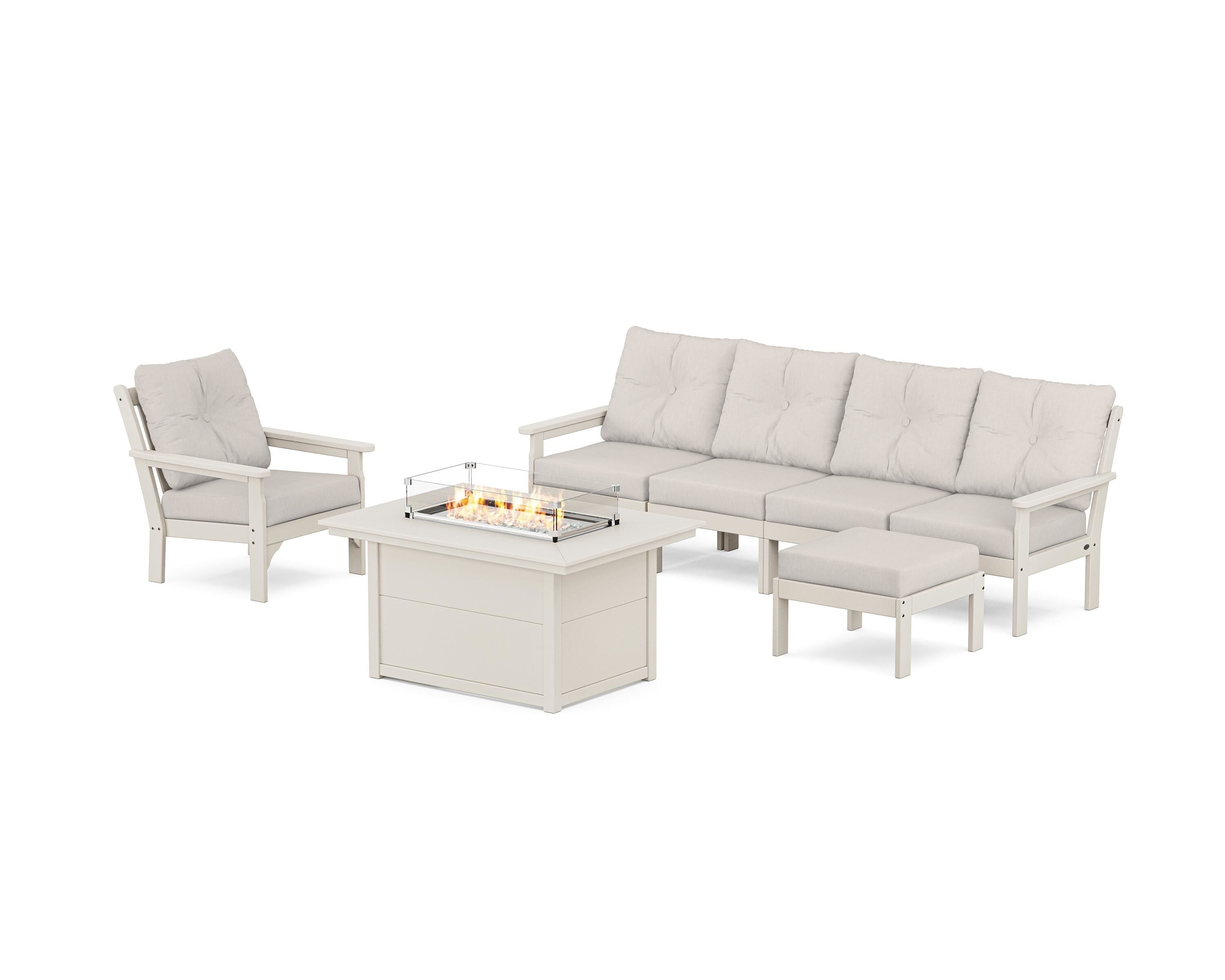 POLYWOOD® Vineyard Sectional Lounge and Fire Pit Set in Sand / Cast Ash