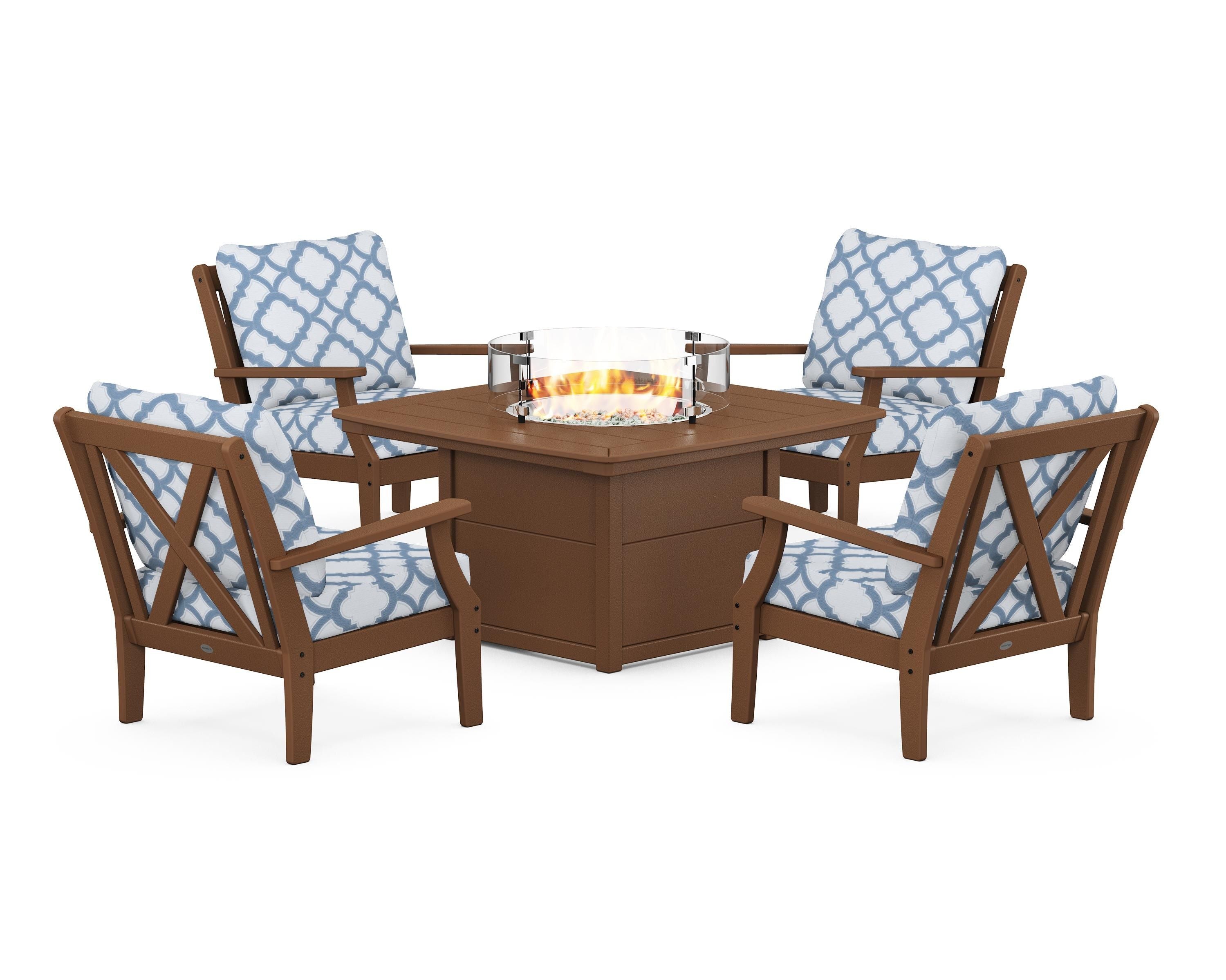 POLYWOOD® Braxton 5-Piece Deep Seating Conversation Set with Fire Pit Table in Teak / Trellis Sky Blue