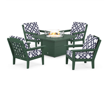 Country Living Cottage 5-Piece Deep Seating Set with Fire Pit Table in Green / Trellis Navy