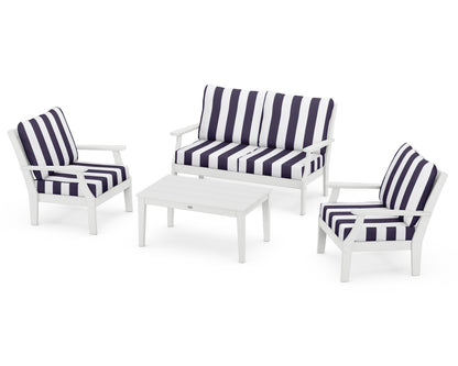 POLYWOOD® Braxton 4-Piece Deep Seating Chair Set in White / Cabana Stripe Navy