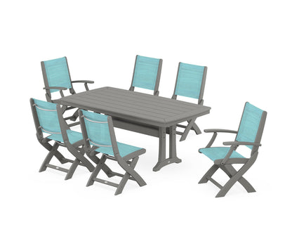POLYWOOD® Coastal Folding Chair 7-Piece Dining Set with Trestle Legs in Slate Grey / Dupioni Aquamarine Sling