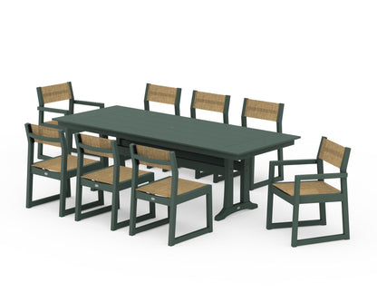 POLYWOOD® EDGE Sling 9-Piece Farmhouse Trestle Dining Set in Green / Burlap Sling