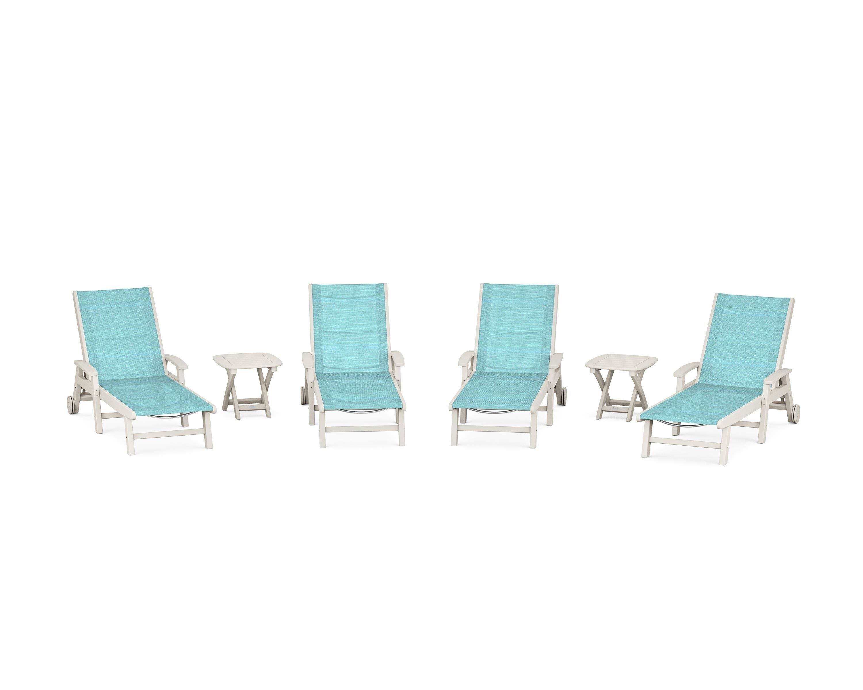 POLYWOOD® Coastal Chaise 6-Piece Set with Wheels in Sand / Dupioni Aquamarine Sling