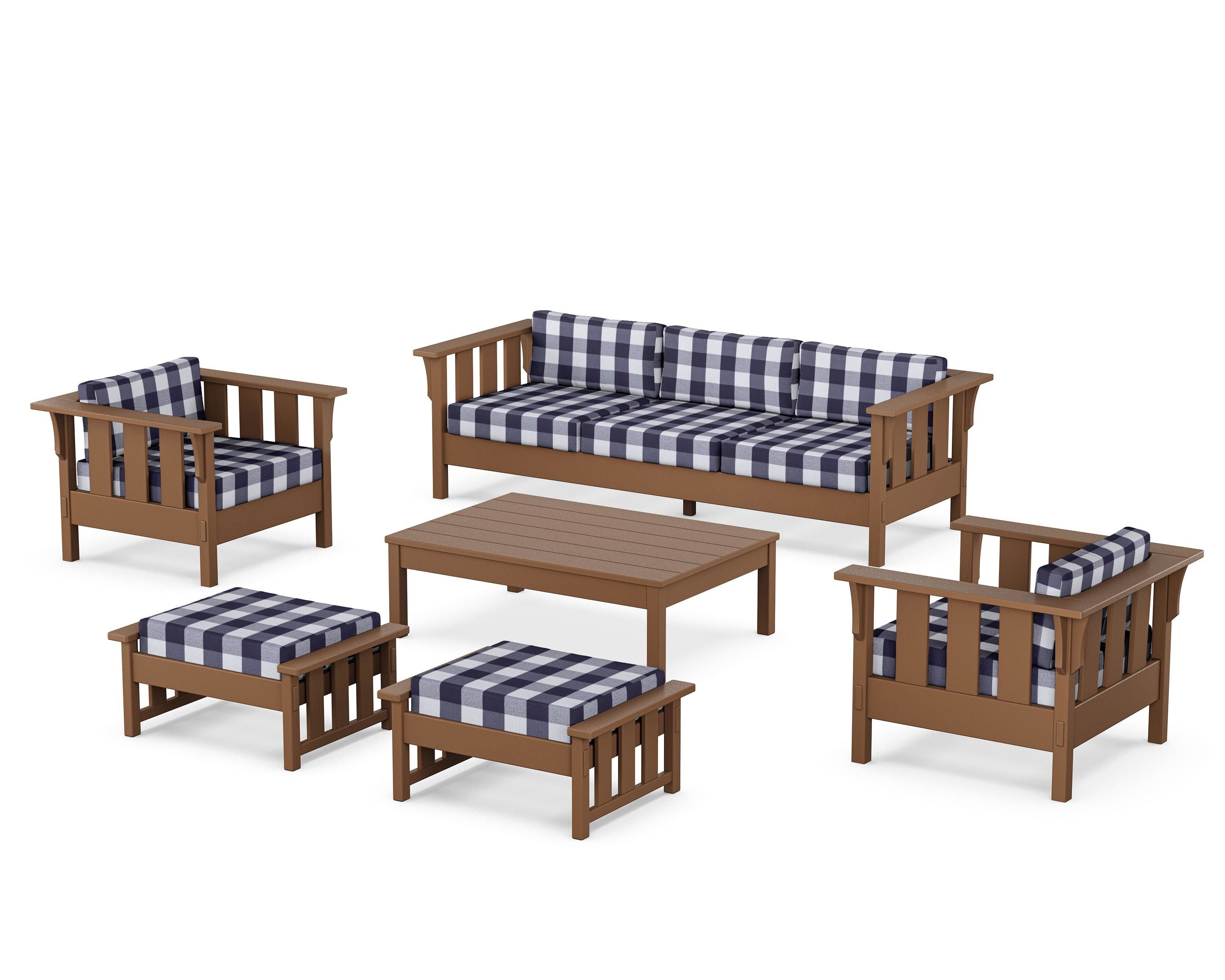 Martha Stewart by POLYWOOD® Acadia 6-Piece Lounge Sofa Set in Teak / Buffalo Plaid Navy