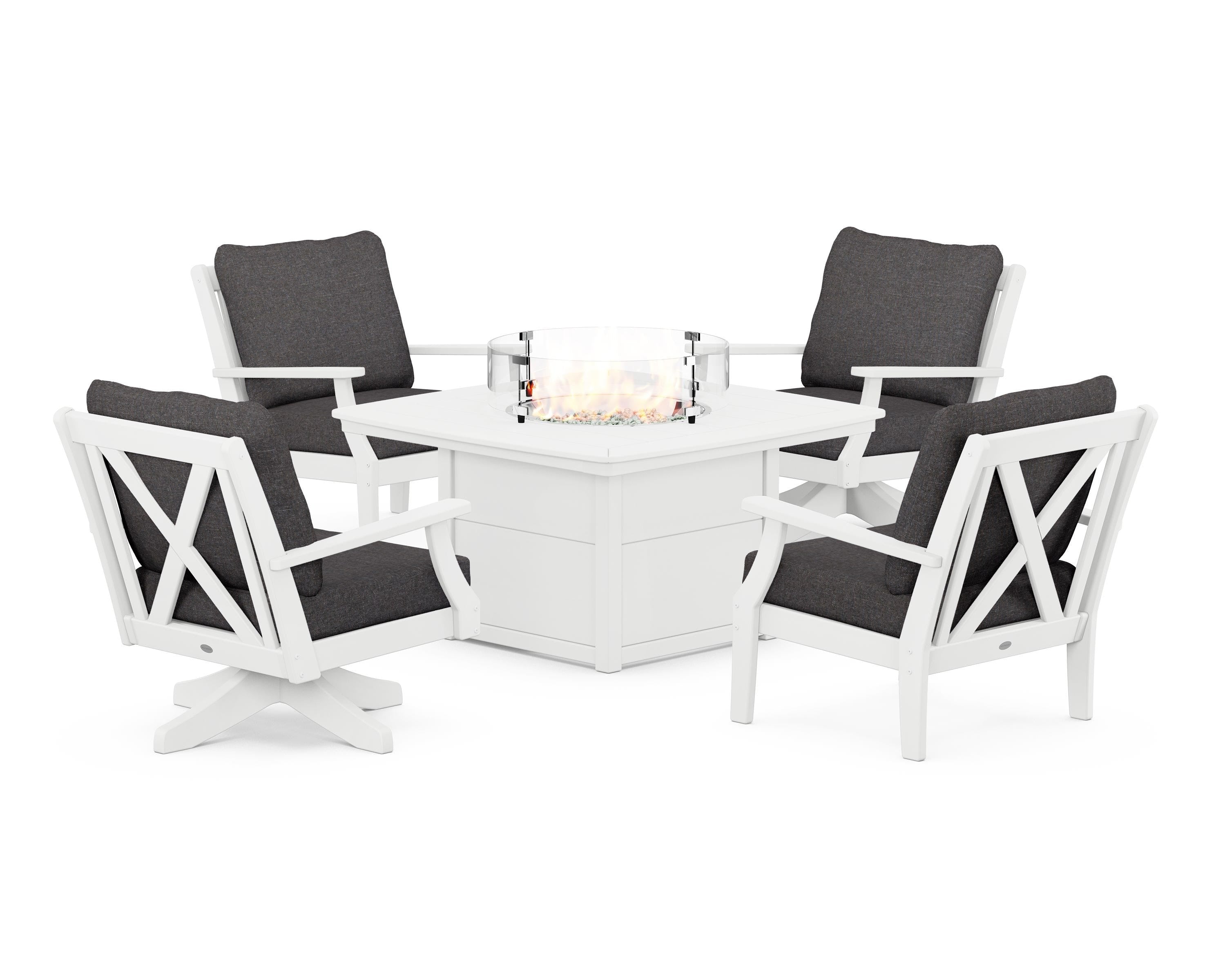 POLYWOOD® Braxton 5-Piece Deep Seating Set with Fire Table in White / Ash Charcoal