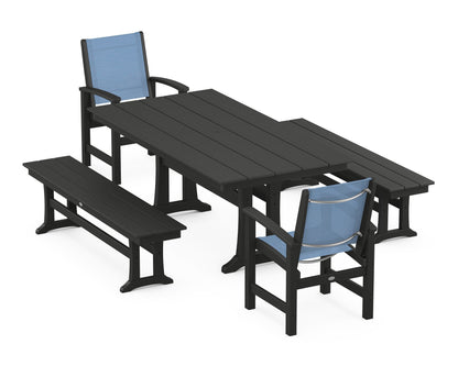 POLYWOOD® Coastal 5-Piece Farmhouse Dining Set with Trestle Legs and Benches in Black / Poolside Sling