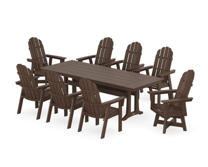 POLYWOOD® Vineyard 9-Piece Curveback Adirondack Swivel Farmhouse Dining Set with Trestle Legs in Mahogany