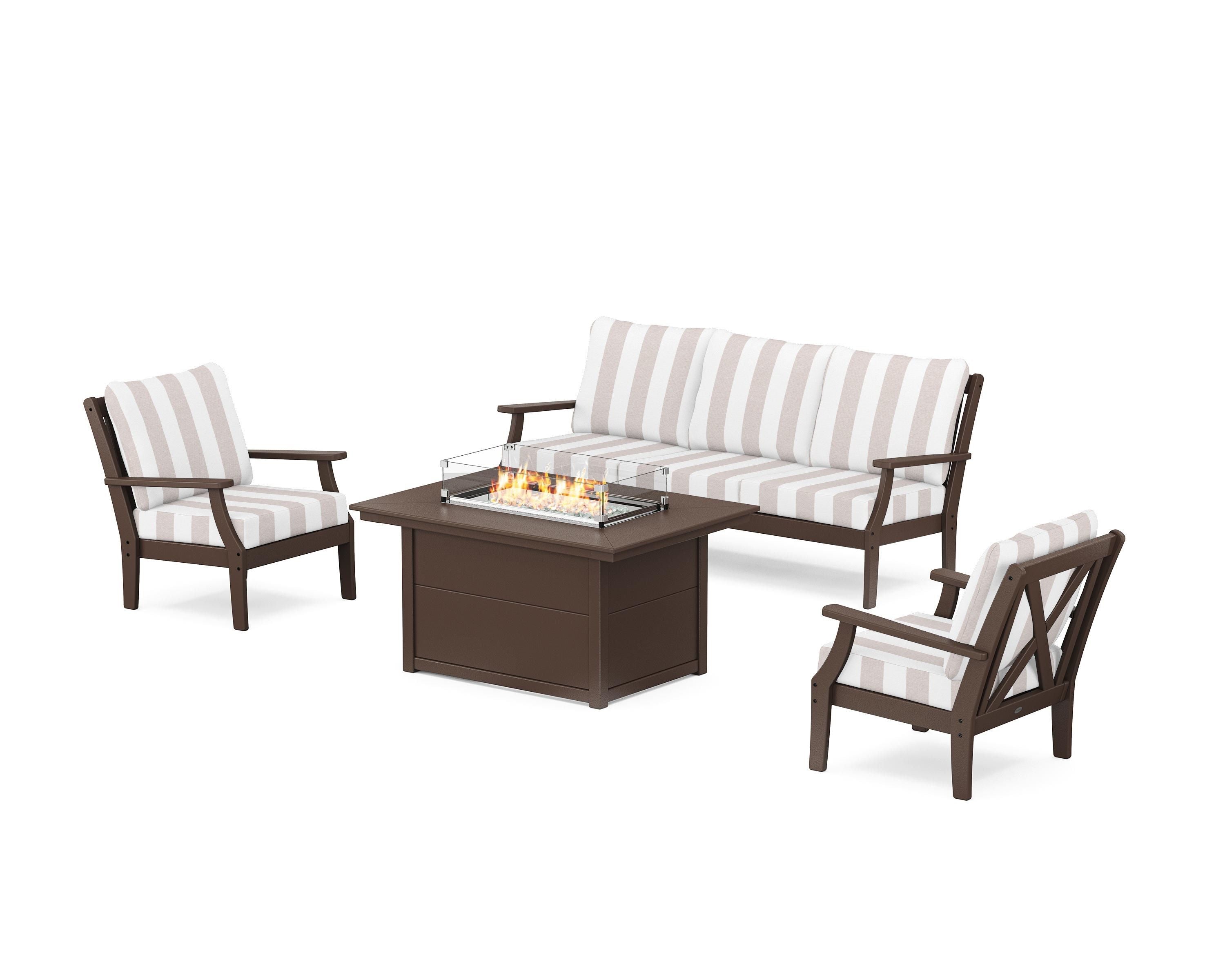 POLYWOOD® Braxton Deep Seating Fire Pit Table Set in Mahogany / Cabana Stripe Dune Burlap