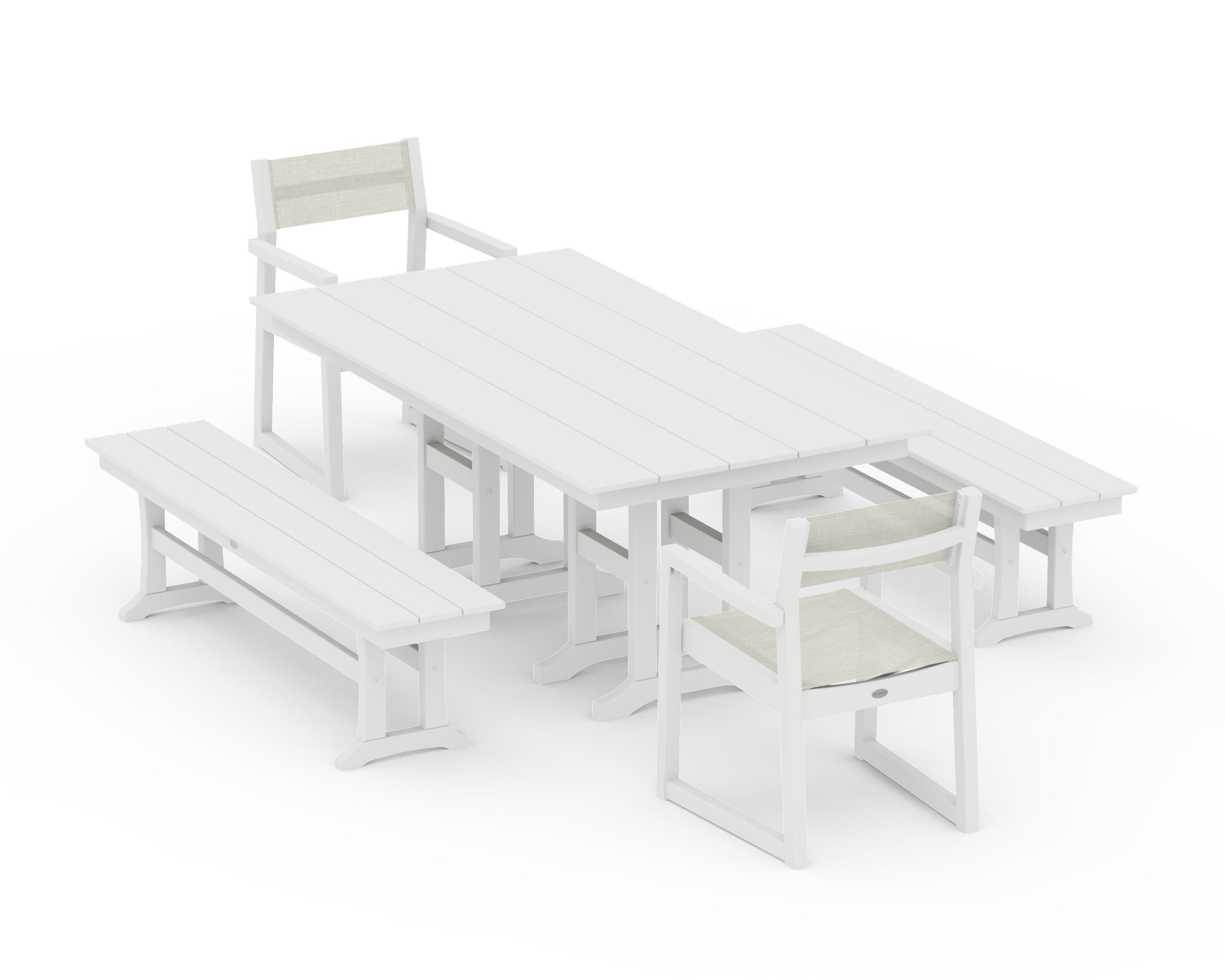 POLYWOOD® EDGE Sling Arm Chair 5-Piece Farmhouse Dining Set with Benches in White / Parchment Sling