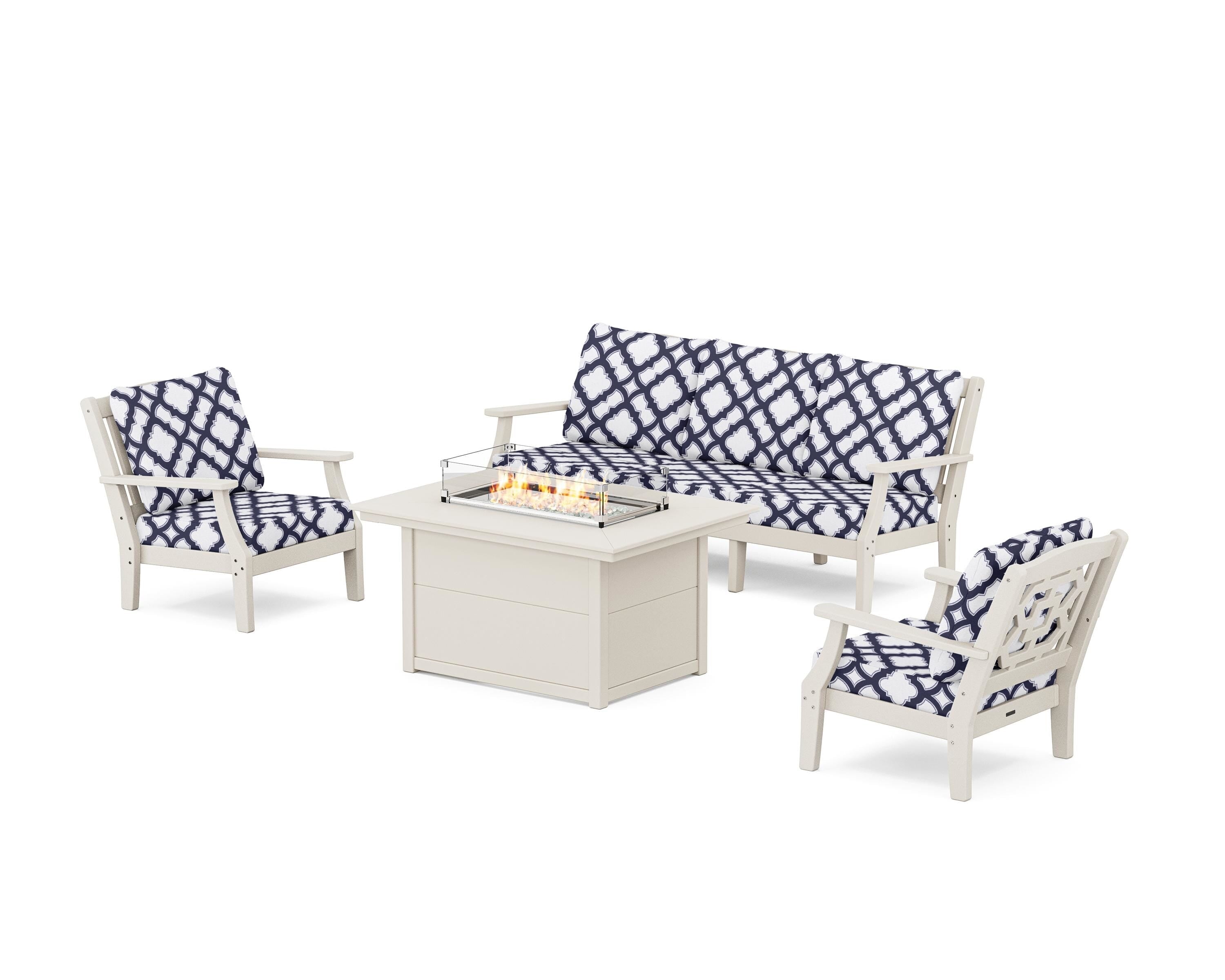 Martha Stewart by POLYWOOD® Chinoiserie Deep Seating Fire Pit Table Set in Sand / Trellis Navy