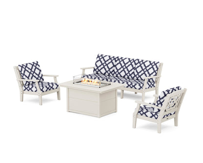 Martha Stewart by POLYWOOD® Chinoiserie Deep Seating Fire Pit Table Set in Sand / Trellis Navy