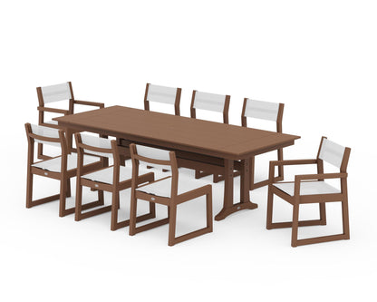 POLYWOOD® EDGE Sling 9-Piece Farmhouse Trestle Dining Set in Teak / White Sling