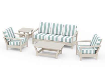 POLYWOOD® Harbour 5-Piece Deep Seating Set in Sand / Cabana Stripe Glacier Spa