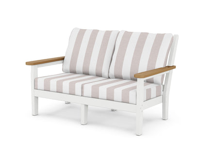 POLYWOOD® Chippendale Deep Seating Loveseat in White / Natural / Cabana Stripe Dune Burlap