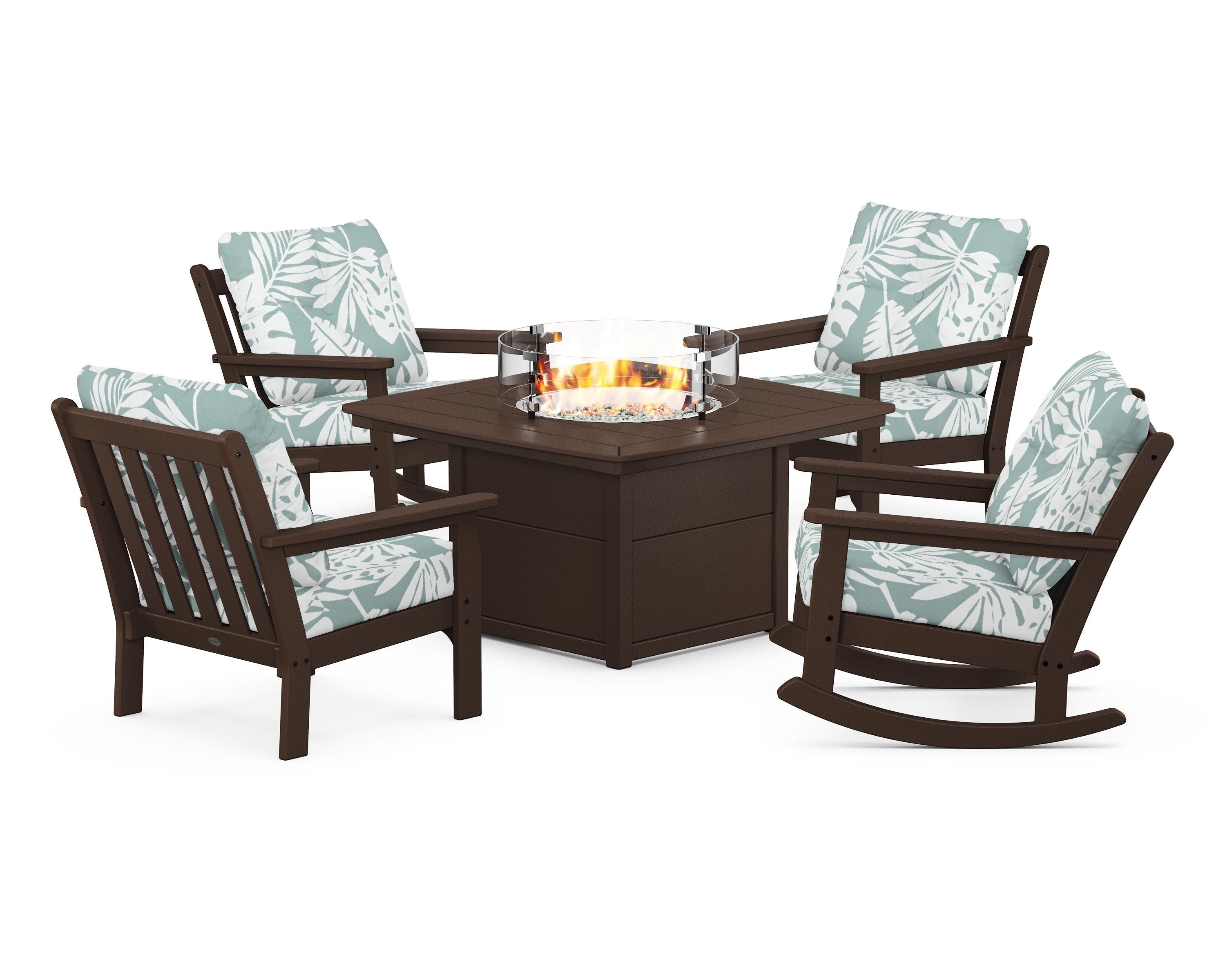 POLYWOOD® Vineyard 5-Piece Deep Seating Rocking Chair Conversation Set with Fire Pit Table in Mahogany / Leaf Glacier Spa