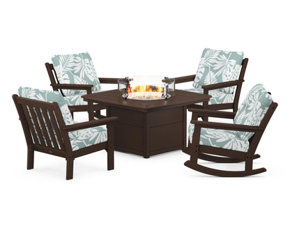 POLYWOOD® Vineyard 5-Piece Deep Seating Rocking Chair Conversation Set with Fire Pit Table in Mahogany / Leaf Glacier Spa