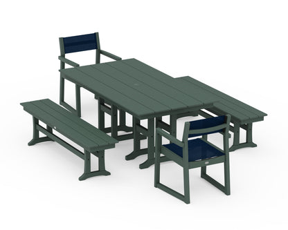 POLYWOOD® EDGE Sling Arm Chair 5-Piece Farmhouse Dining Set with Benches in Green / Navy Blue Sling