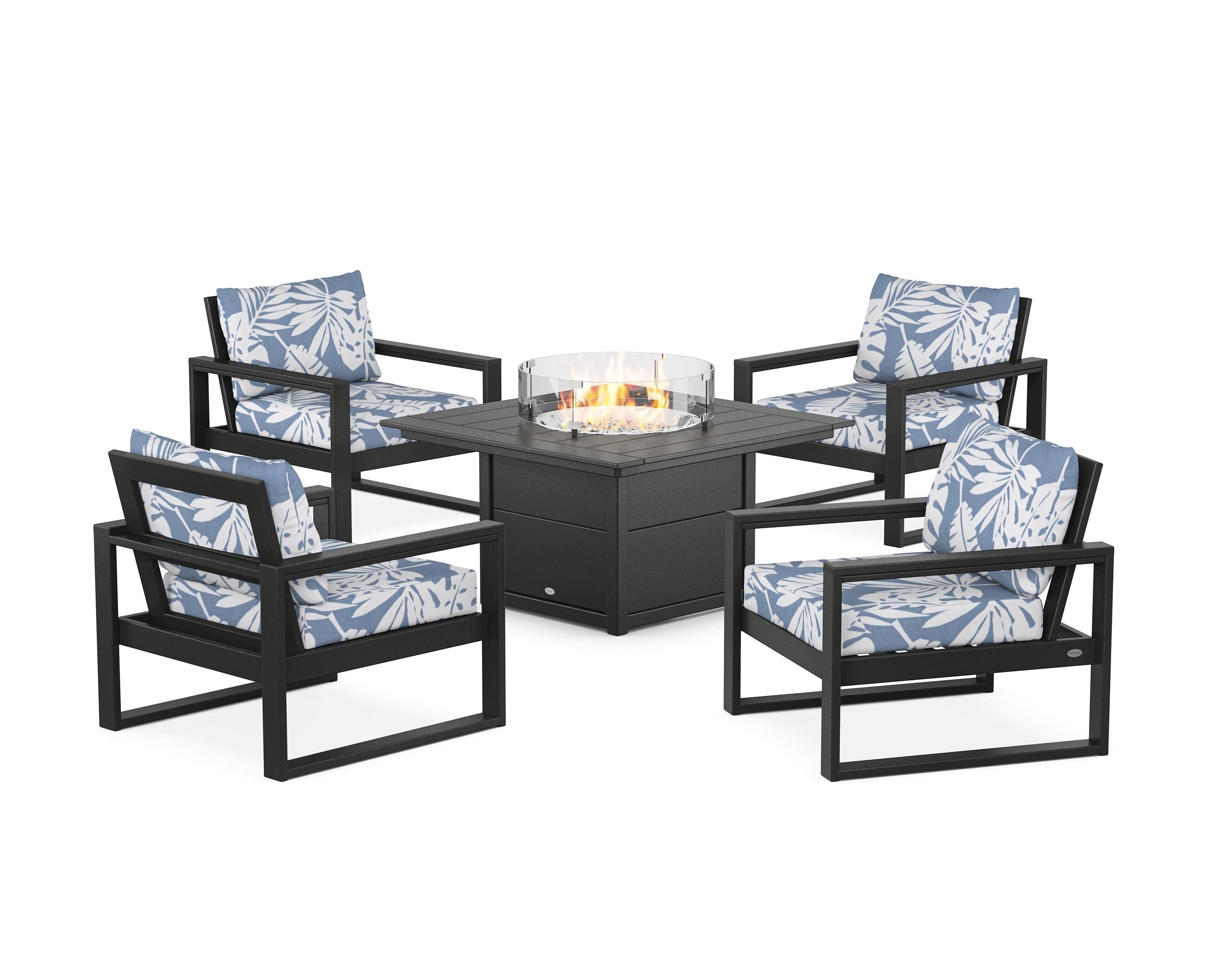 POLYWOOD® EDGE Sectional 5-Piece Deep Seating Set with Fire Pit Table in Black / Leaf Sky Blue