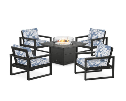 POLYWOOD® EDGE Sectional 5-Piece Deep Seating Set with Fire Pit Table in Black / Leaf Sky Blue