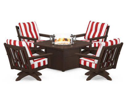 POLYWOOD® Vineyard 5-Piece Deep Seating Swivel Conversation Set with Fire Pit Table in Mahogany / Cabana Stripe Crimson