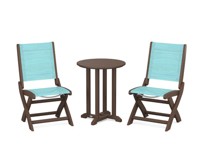 POLYWOOD® Coastal Folding Side Chair 3-Piece Round Bistro Dining Set in Mahogany / Dupioni Aquamarine Sling
