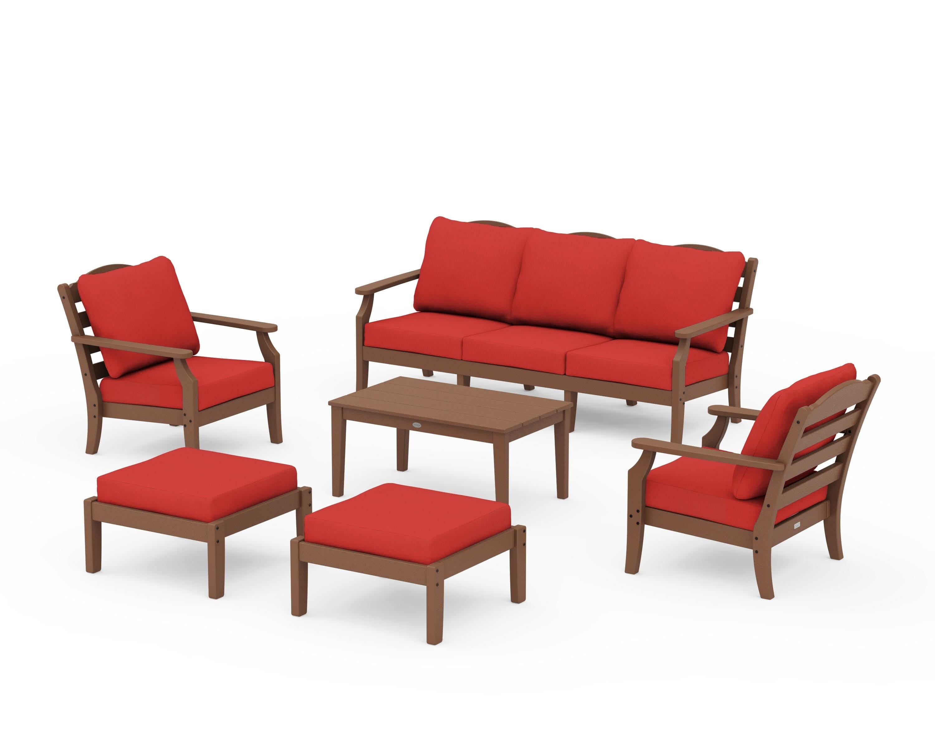 Draper James™ by  POLYWOOD® Savannah 6-Piece Lounge Sofa Set in Teak / Crimson Linen
