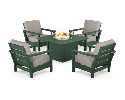 POLYWOOD® Harbour 5-Piece Conversation Set with Fire Pit Table in Green / Weathered Tweed