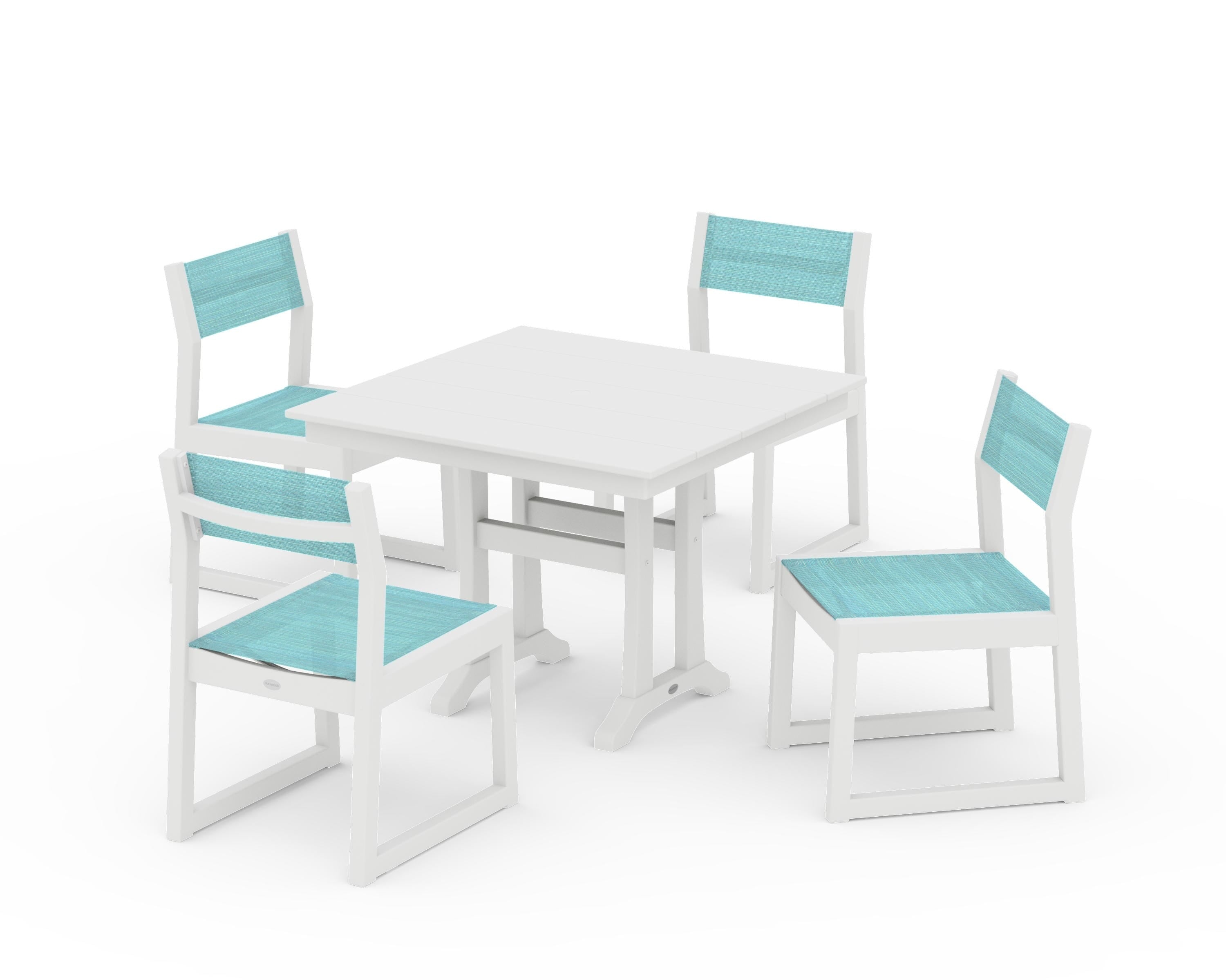 POLYWOOD® EDGE Sling 5-Piece Farmhouse Trestle Side Chair Dining Set in White / Dupioni Aquamarine Sling