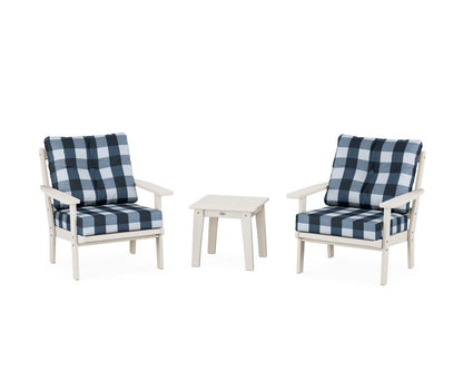 POLYWOOD® Oxford 3-Piece Deep Seating Set in Sand / Buffalo Plaid Marine Indigo