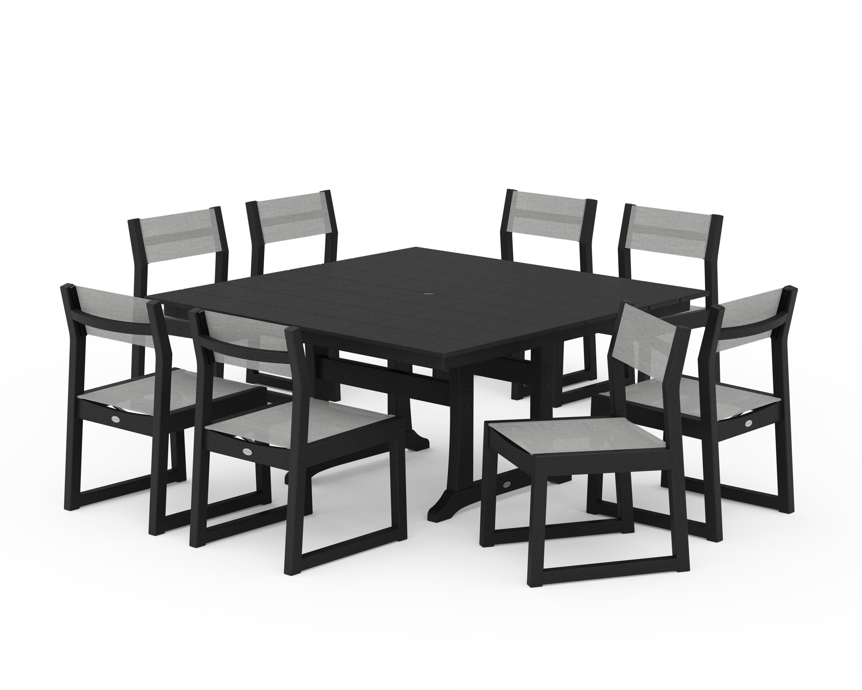 POLYWOOD® EDGE Sling Side Chair 9-Piece Farmhouse Trestle Dining Set in Black / Metallic Sling
