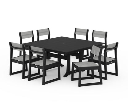 POLYWOOD® EDGE Sling Side Chair 9-Piece Farmhouse Trestle Dining Set in Black / Metallic Sling