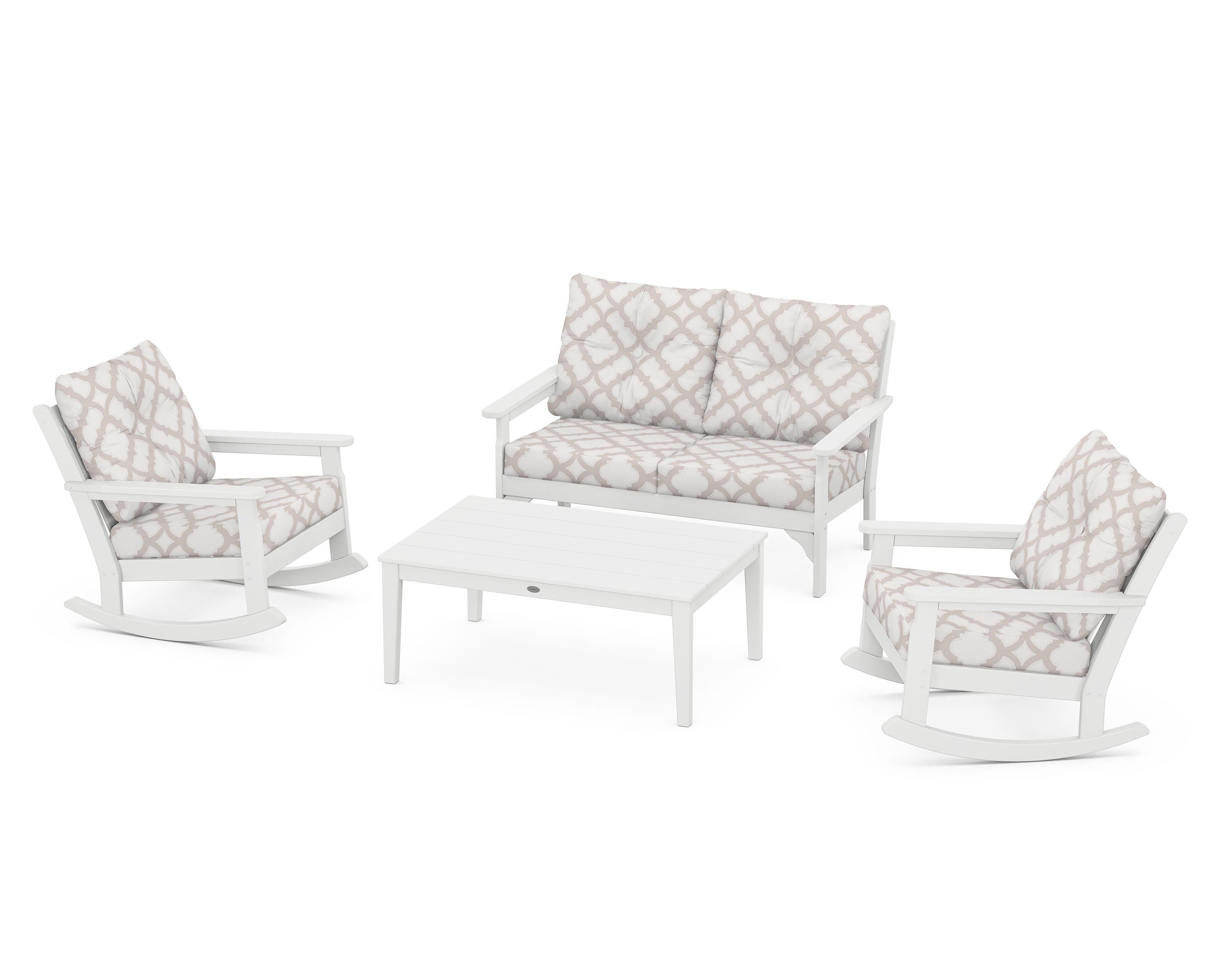 POLYWOOD® Vineyard 4-Piece Deep Seating Rocking Chair Set in White / Trellis Dune Burlap
