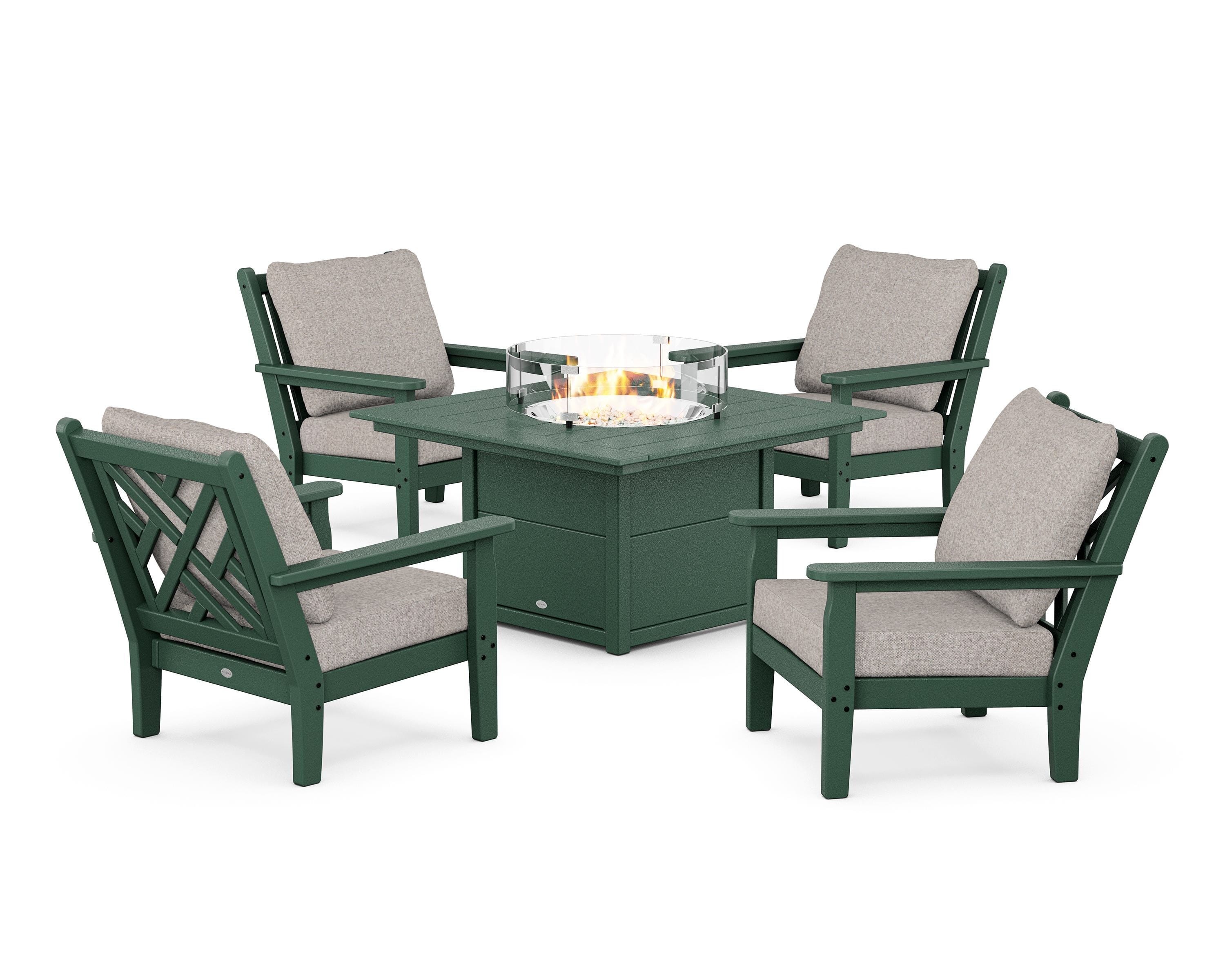 POLYWOOD® Chippendale 5-Piece Deep Seating Set with Fire Pit Table in Green / Weathered Tweed