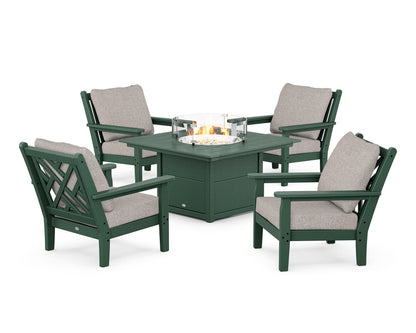 POLYWOOD® Chippendale 5-Piece Deep Seating Set with Fire Pit Table in Green / Weathered Tweed