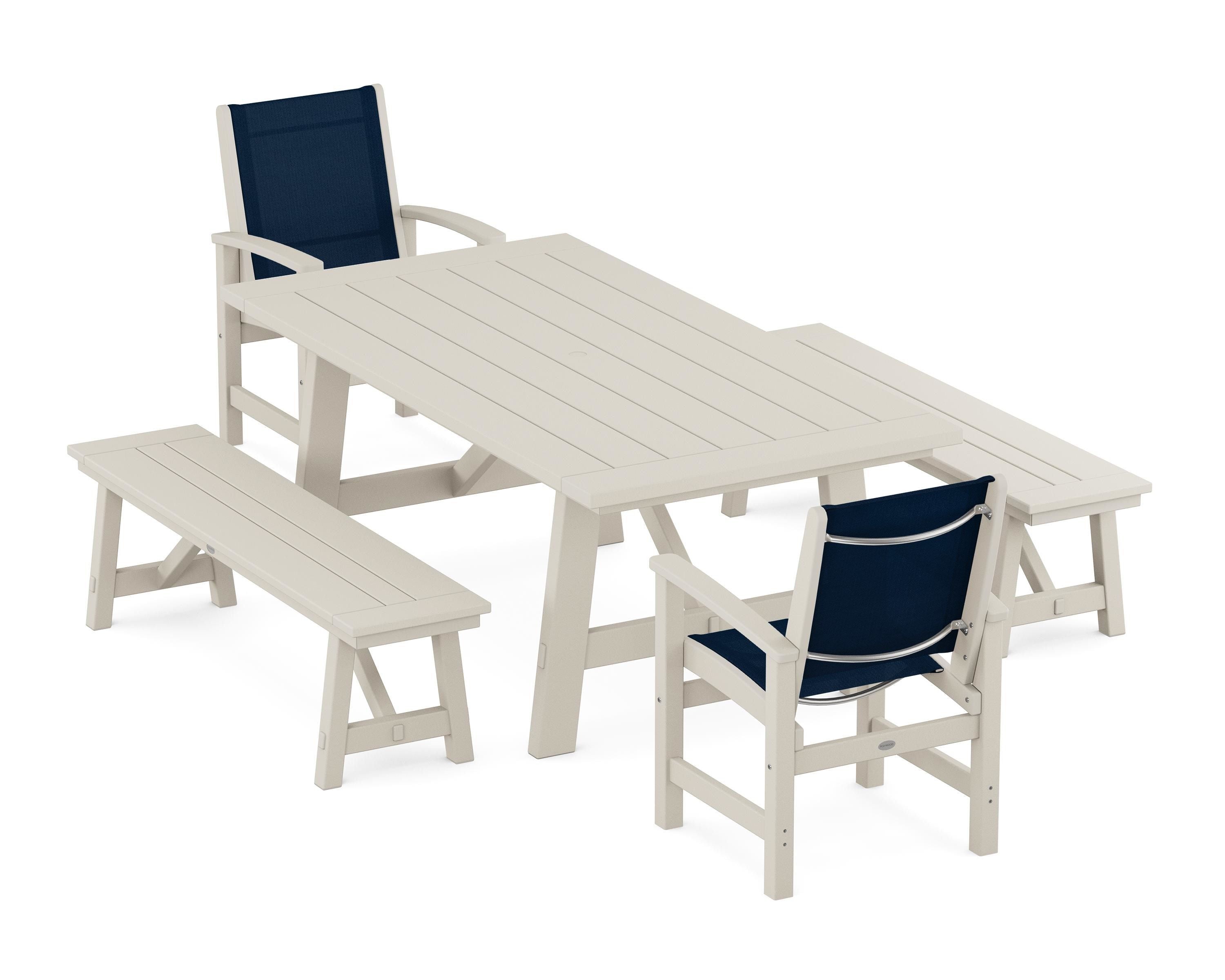 POLYWOOD® Coastal 5-Piece Rustic Farmhouse Dining Set With Benches in Sand / Navy Blue Sling