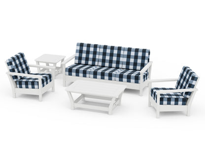 POLYWOOD® Harbour 5-Piece Deep Seating Set in White / Buffalo Plaid Marine Indigo