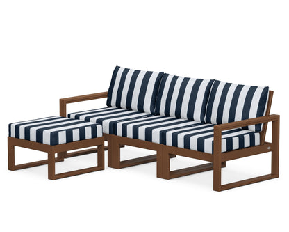 POLYWOOD® EDGE 4-Piece Modular Deep Seating Set with Ottoman in Teak / Cabana Stripe Marine Indigo