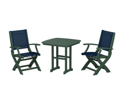 POLYWOOD® Coastal Folding Chair 3-Piece Dining Set in Green / Navy Blue Sling