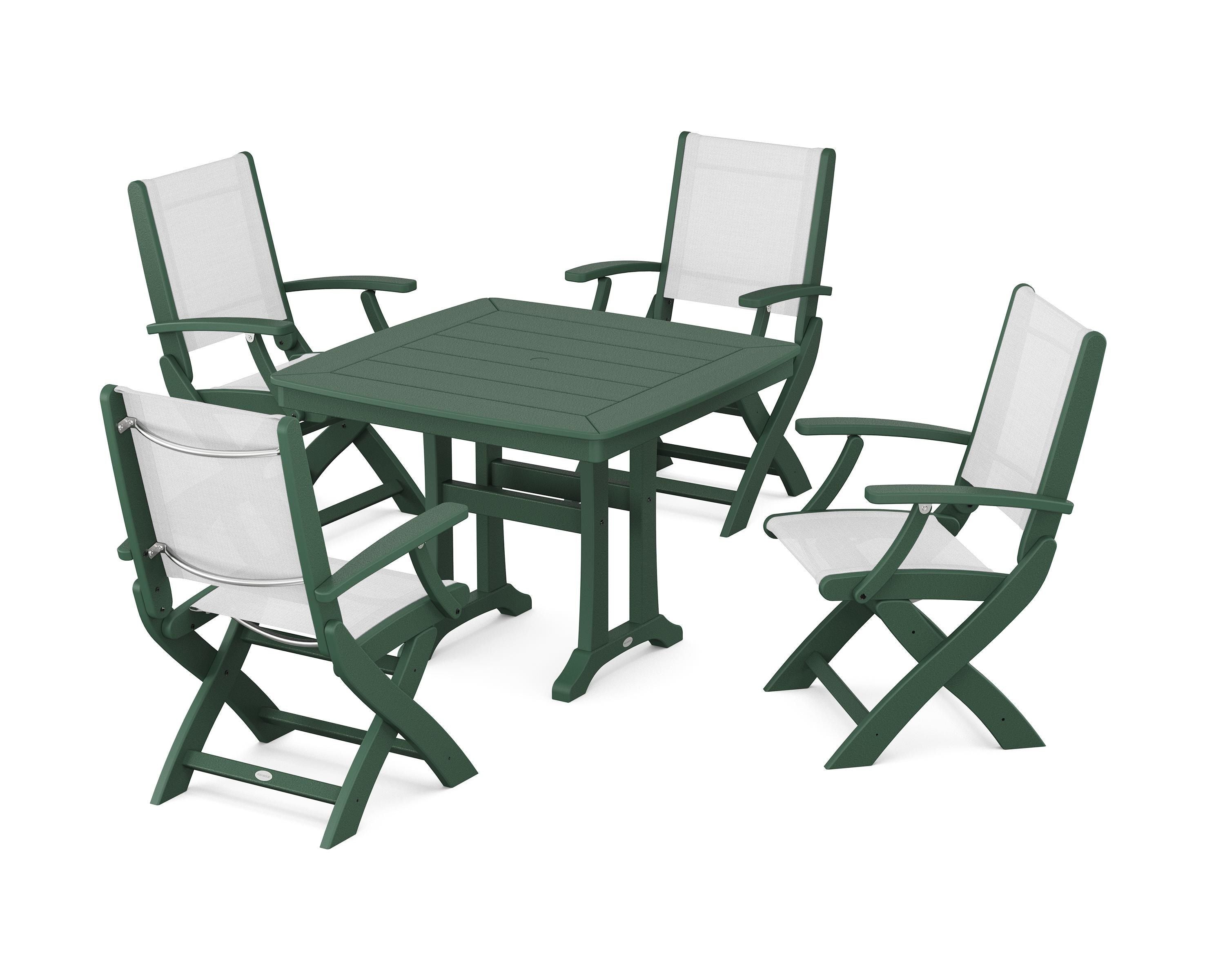 POLYWOOD® Coastal Folding Chair 5-Piece Dining Set with Trestle Legs in Green / White Sling