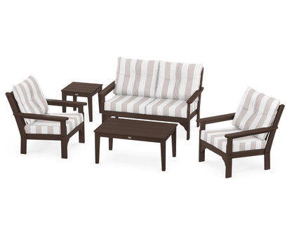 POLYWOOD® Vineyard 5-Piece Deep Seating Set in Mahogany / Cabana Stripe Dune Burlap