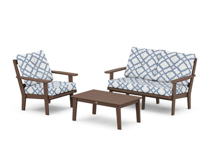 POLYWOOD® Oxford 3-Piece Deep Seating Set with Loveseat in Mahogany / Trellis Sky Blue