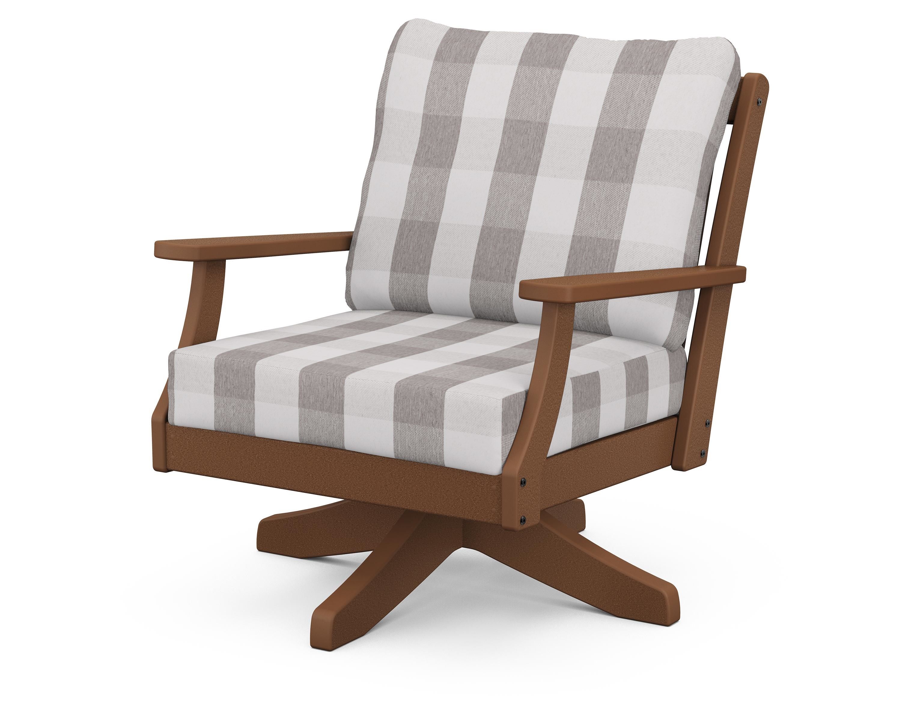 POLYWOOD® Braxton Deep Seating Swivel Chair in Teak / Buffalo Plaid Grey Mist