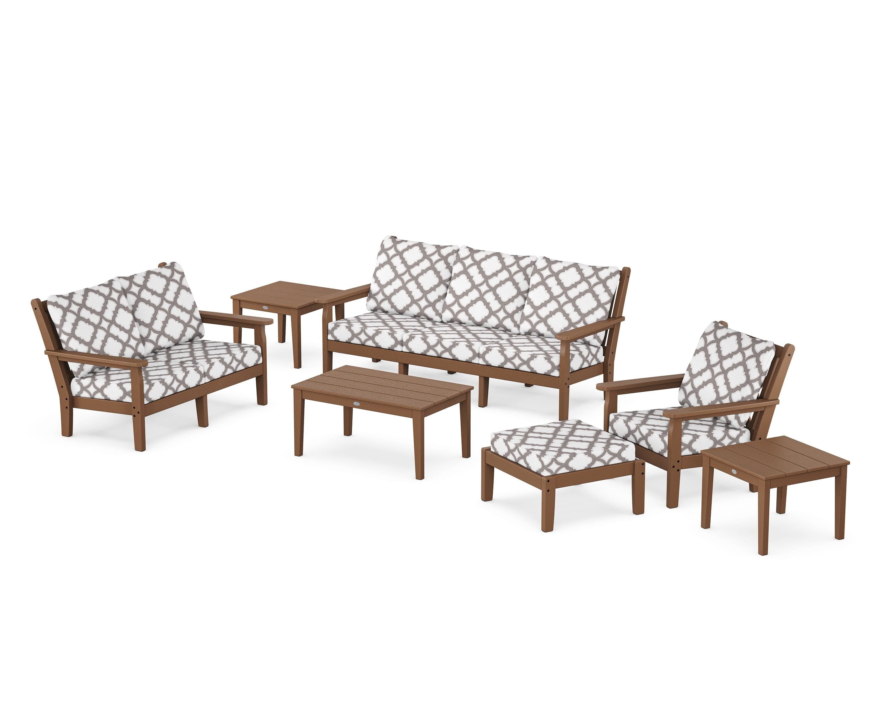 POLYWOOD® Chippendale 7-Piece Deep Seating Set in Teak / Trellis Grey Mist