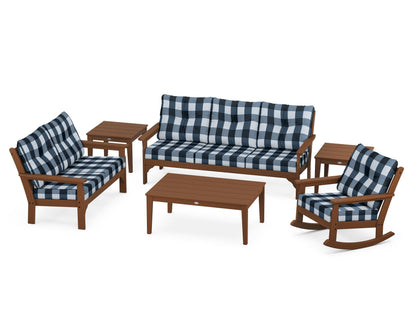 POLYWOOD® Vineyard 6-Piece Deep Seating Set in Teak / Buffalo Plaid Marine Indigo