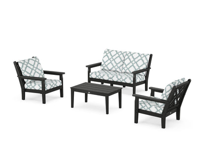 POLYWOOD® Chippendale 4-Piece Deep Seating Set with Loveseat in Black / Trellis Glacier Spa