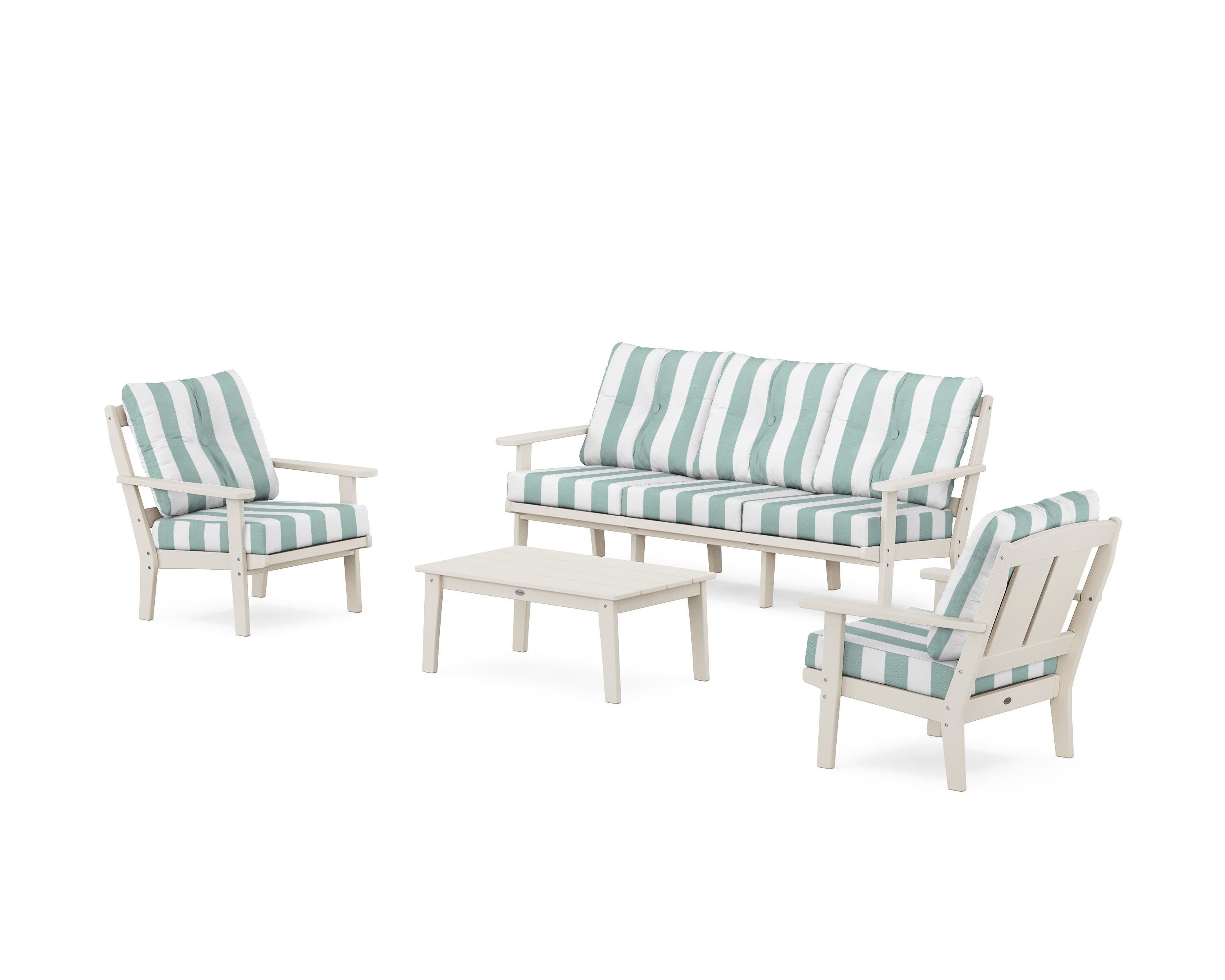 POLYWOOD® Mission 4-Piece Deep Seating Set with Sofa in Sand / Cabana Stripe Glacier Spa